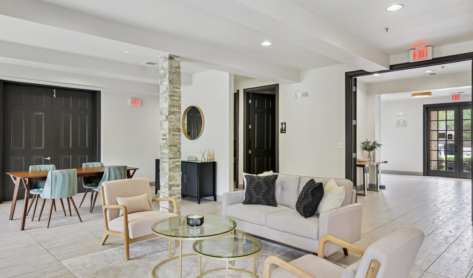a living room with a fireplace